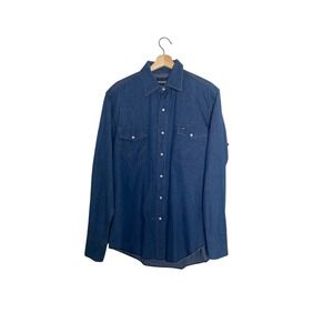 Wrangler Denim Western Shirt Mens Long Sleeve Cowboy Blue Button Up